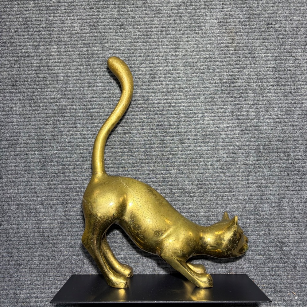 Vintage Solid Brass Stretching Cat Figurine Long Tail MCM Sculpture 15 inch Tall